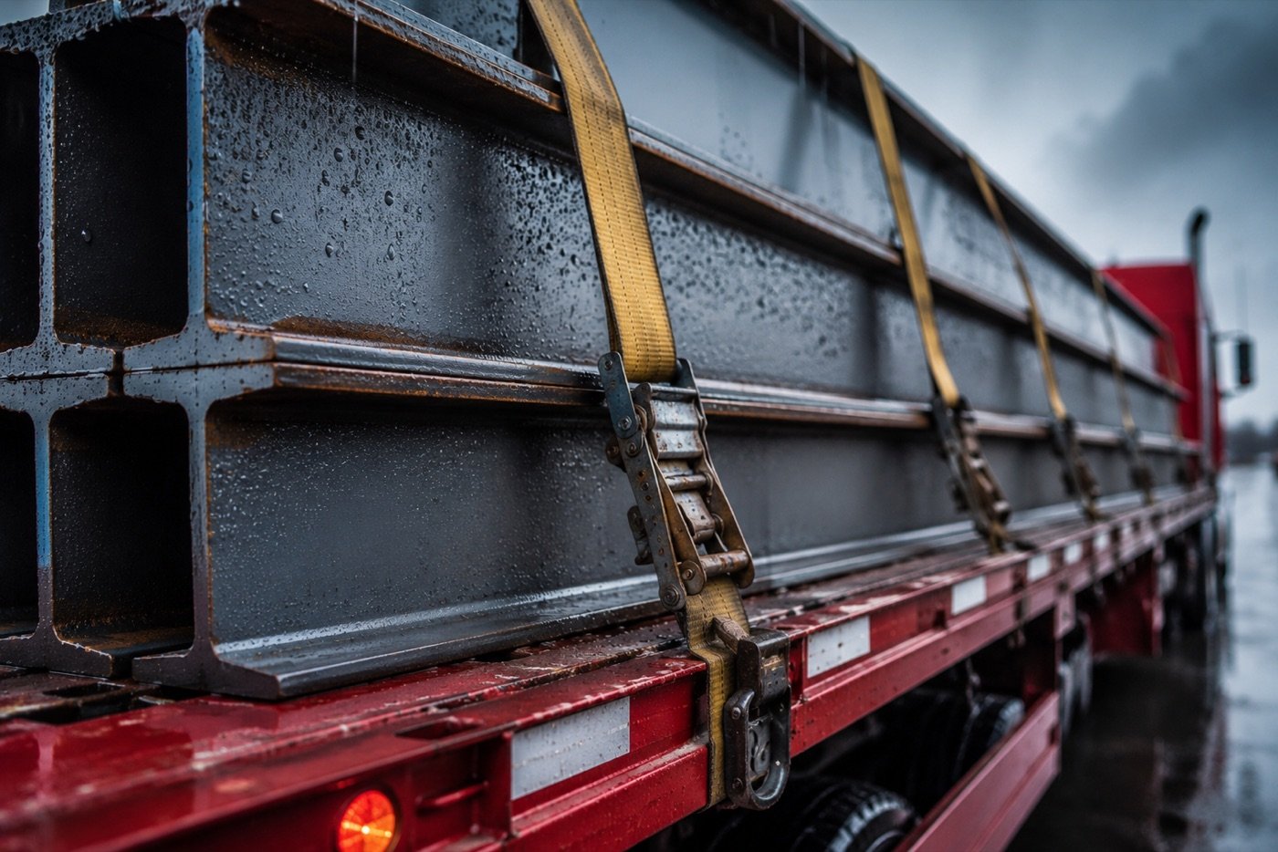Steel beams strapped to an AFC flatbed