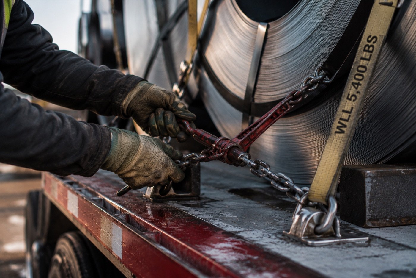 Hands securing steel coils with chain binders on a flatbed
