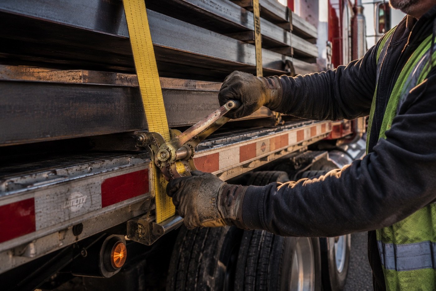A driver tightening a ratchet strap over steel cargo on a flatbed